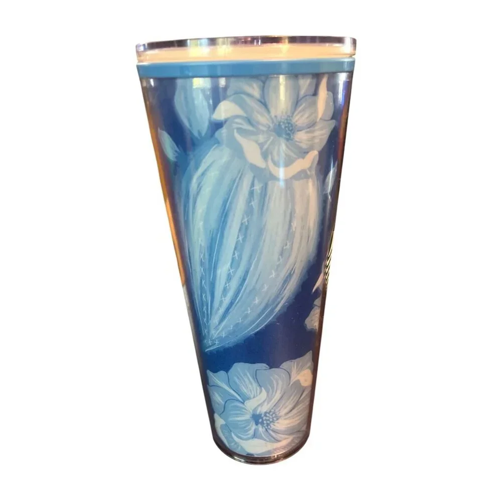 Starbucks 24 Oz Desert Floral Cactus Tumbler Blue & White Flowers Plastic Cup - Picture 2 of 5